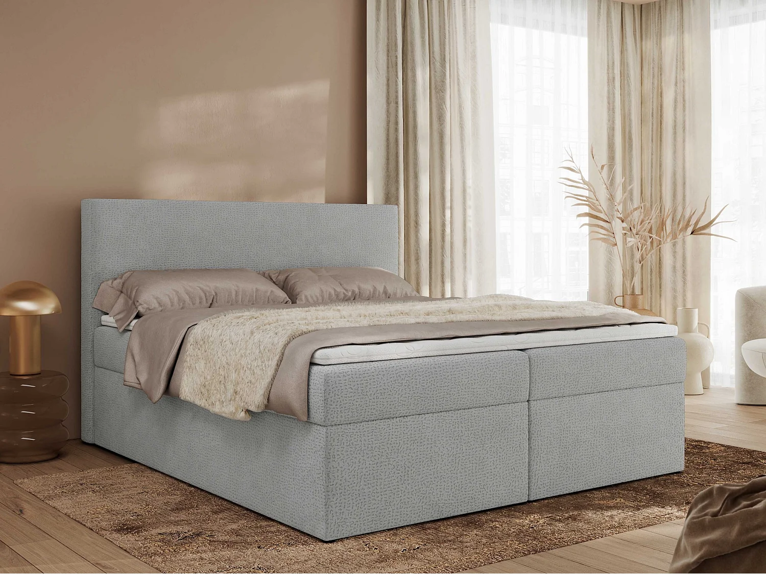 Boxspringbett JAGUAR - Doppelbett mit Multipocket-Matratze und Topper, Struktur dekostoff, zwei Bettkästen - 180x200 cm - H4 - Hellgrau Struktur