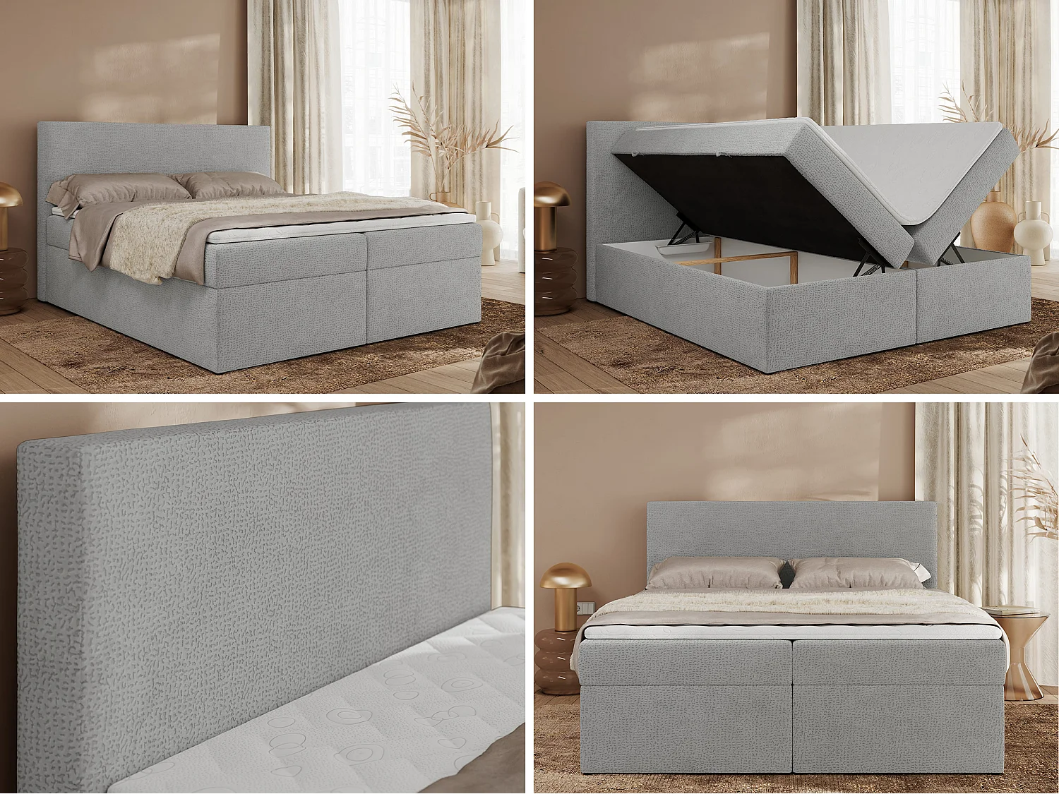 Boxspringbett JAGUAR - Doppelbett mit Multipocket-Matratze und Topper, Struktur dekostoff, zwei Bettkästen - 180x200 cm - H4 - Hellgrau Struktur