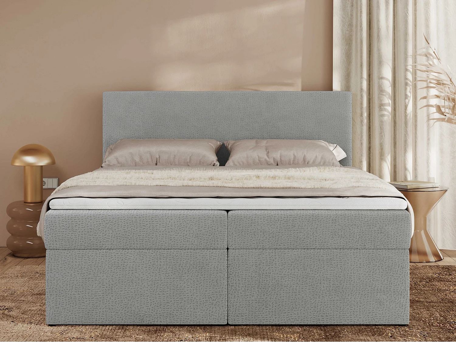 Boxspringbett JAGUAR - Doppelbett mit Multipocket-Matratze und Topper, Struktur dekostoff, zwei Bettkästen - 180x200 cm - H4 - Hellgrau Struktur