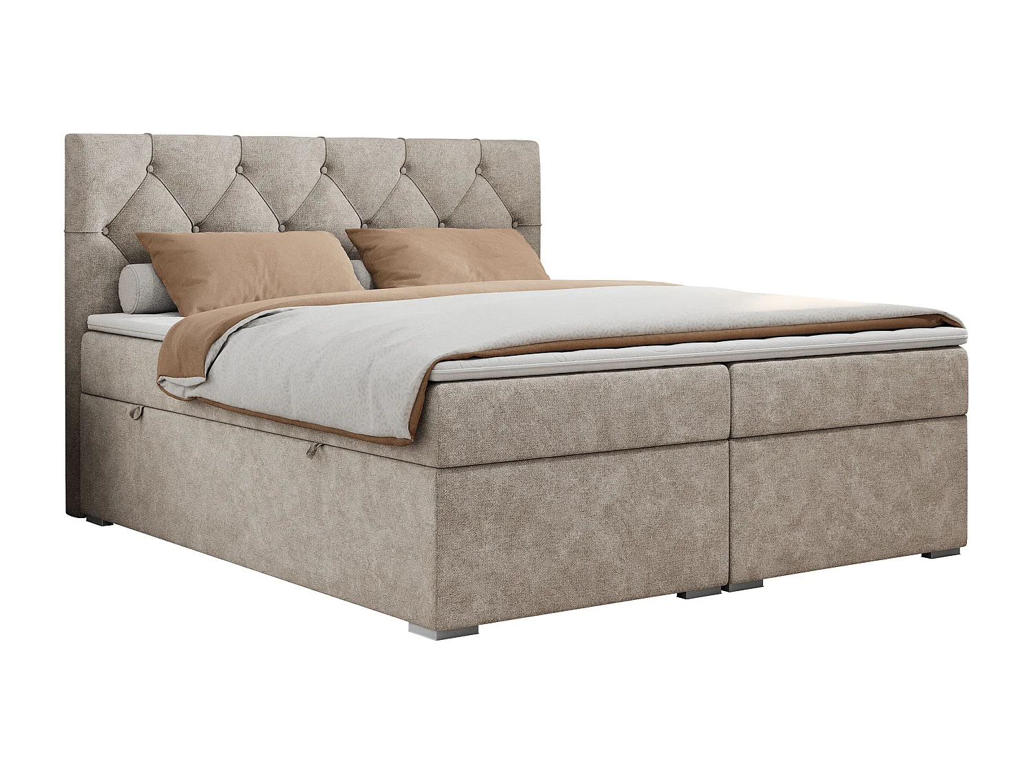 Boxspringbett ALDA - Doppelbett mit gestepptem Kopfteil, Multipocket-Matratze und Topper, zwei Bettkästen - 120x200 cm - H4 - Beige Strukture