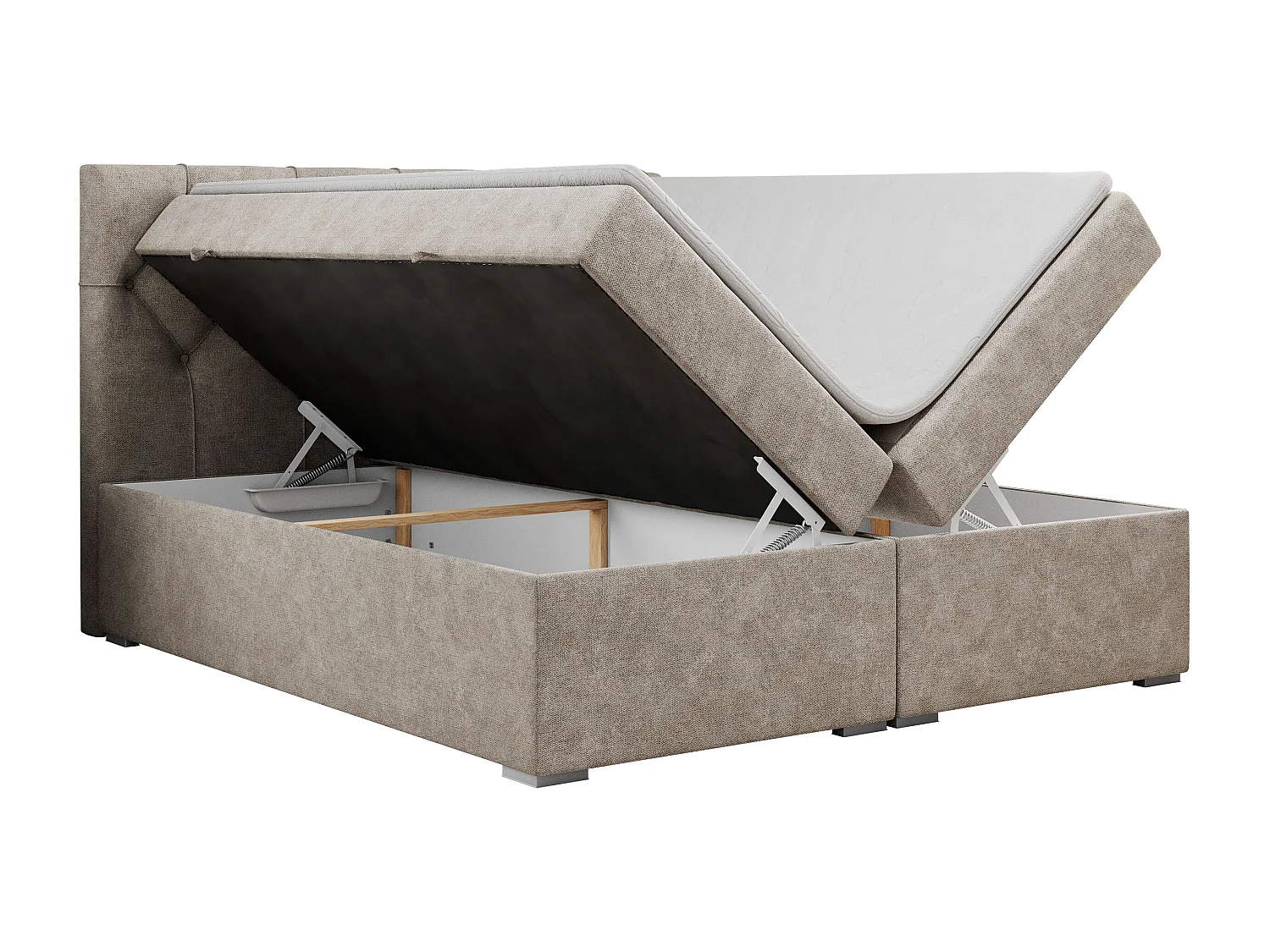 Boxspringbett ALDA - Doppelbett mit gestepptem Kopfteil, Multipocket-Matratze und Topper, zwei Bettkästen - 120x200 cm - H4 - Beige Strukture