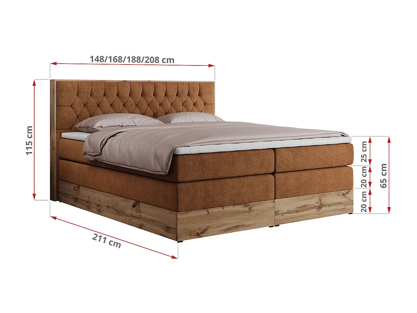 Boxspringbett AMORE KING - gesteppte Kopfstütze, Polsterbett mit zwei Multipocket-Matratzen, Holzrahmen - 200x200 cm - H4 - Orange Strukture