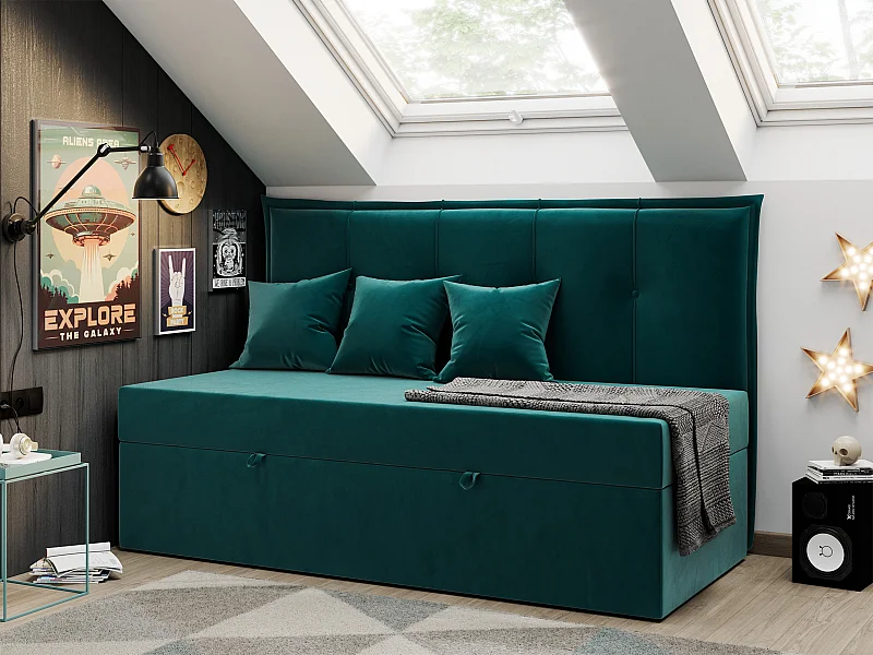 Kinderbett BANCO - Einzelbett für Jugendliche, Set mit Kopfteil und Matratze, Boxspringbett, Bettkasten - 90x200 cm - Dunkelgrün Velvet