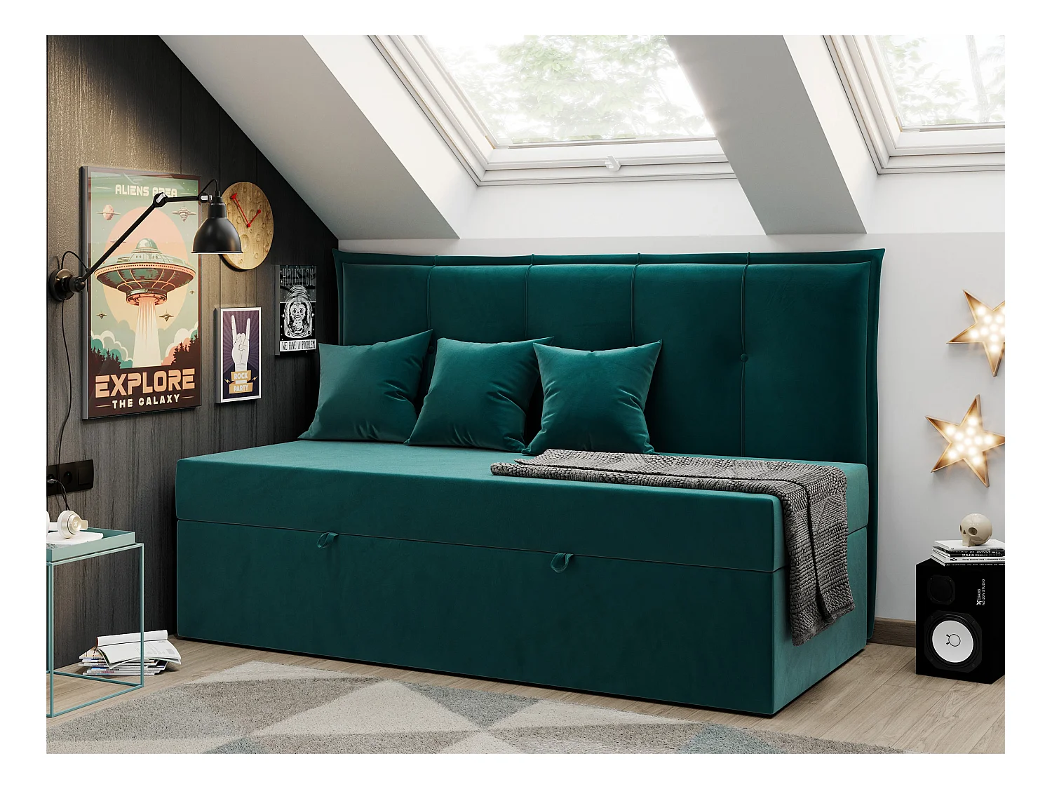 Kinderbett BANCO - Einzelbett für Jugendliche, Set mit Kopfteil und Matratze, Boxspringbett, Bettkasten - 90x200 cm - Dunkelgrün Velvet