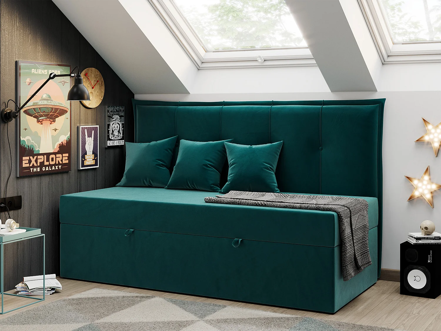 Kinderbett BANCO - Einzelbett für Jugendliche, Set mit Kopfteil und Matratze, Boxspringbett, Bettkasten - 90x200 cm - Dunkelgrün Velvet