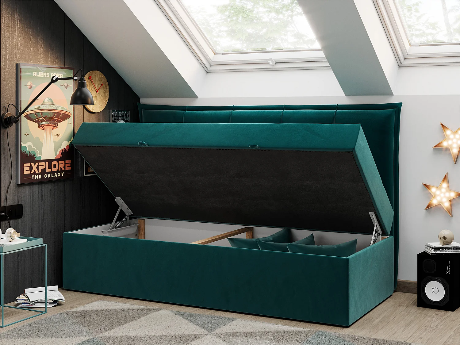 Kinderbett BANCO - Einzelbett für Jugendliche, Set mit Kopfteil und Matratze, Boxspringbett, Bettkasten - 90x200 cm - Dunkelgrün Velvet