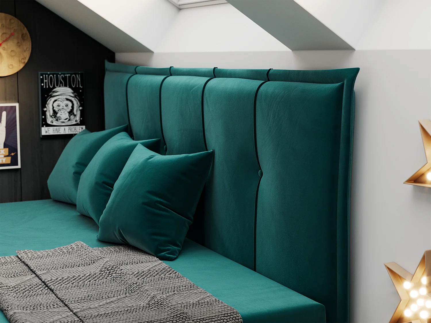 Kinderbett BANCO - Einzelbett für Jugendliche, Set mit Kopfteil und Matratze, Boxspringbett, Bettkasten - 90x200 cm - Dunkelgrün Velvet