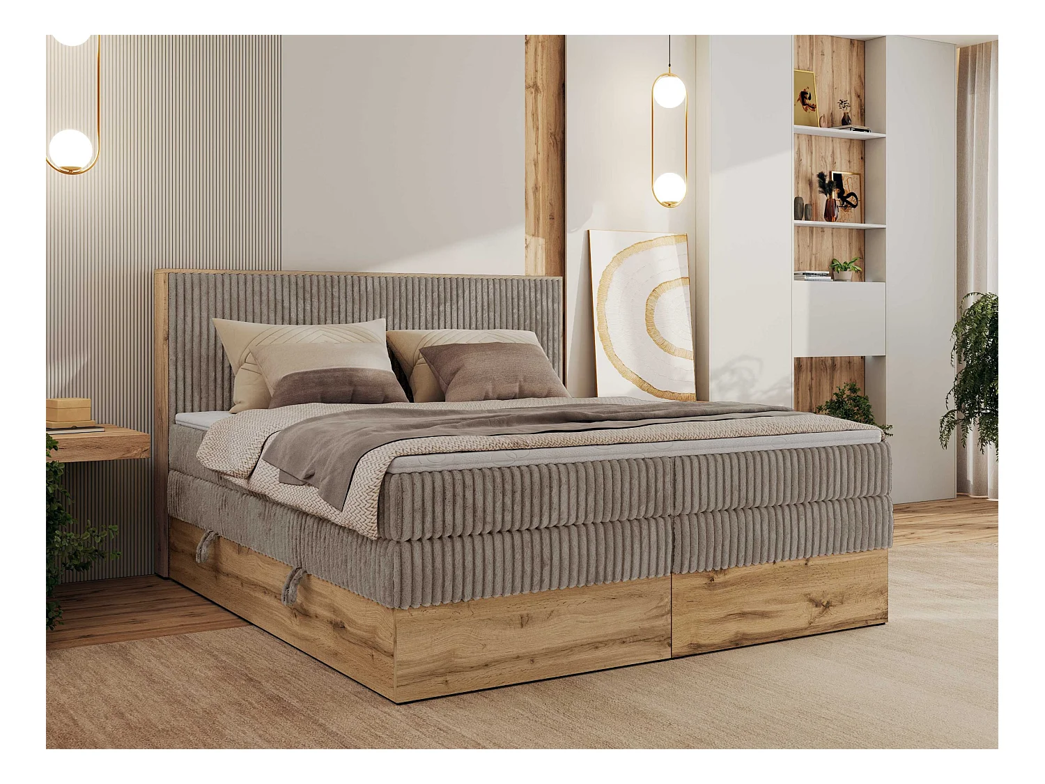 Boxspringbett WOOD CLASSIC KING - Polsterbett mit hohe Kopfteil, zwei Multipocket-Matratze, Bettkästen - 200x200 cm - H4 - Hellbraun Cord