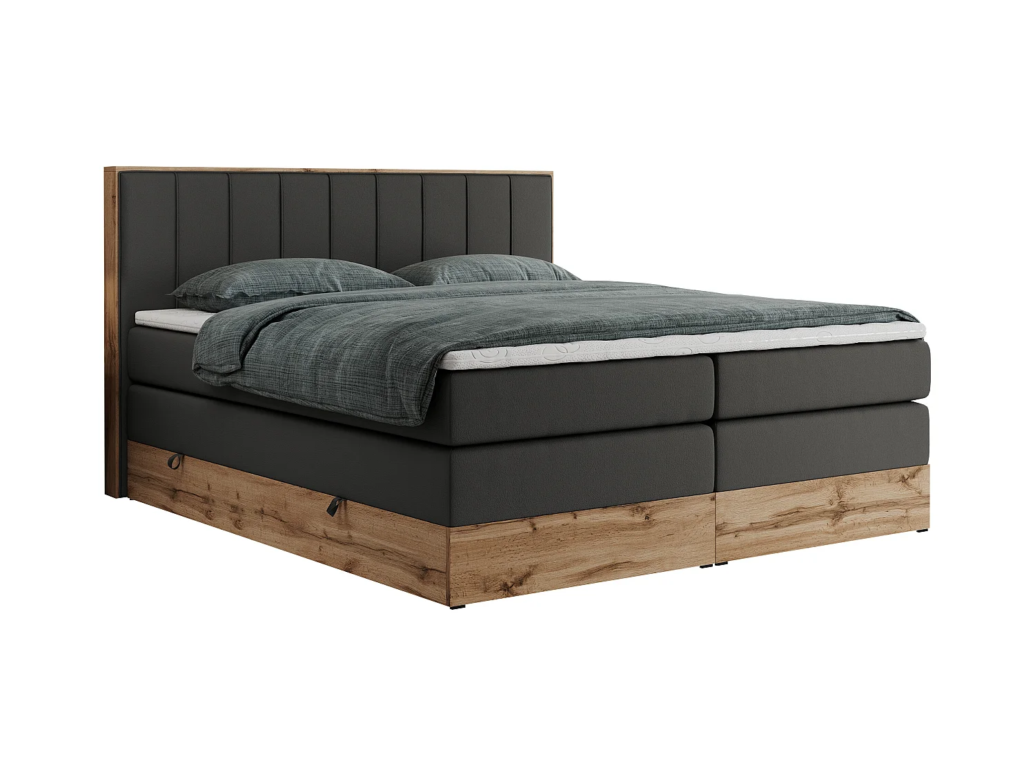 Boxspringbett BELLISSIMO KING - für Schlafzimmer, zwei Multipocket-Matratzen, Set mit Kopfteil und Topper, Holzrahmen - 160x200 cm - H3 - Dunkelgrau Kunstleder