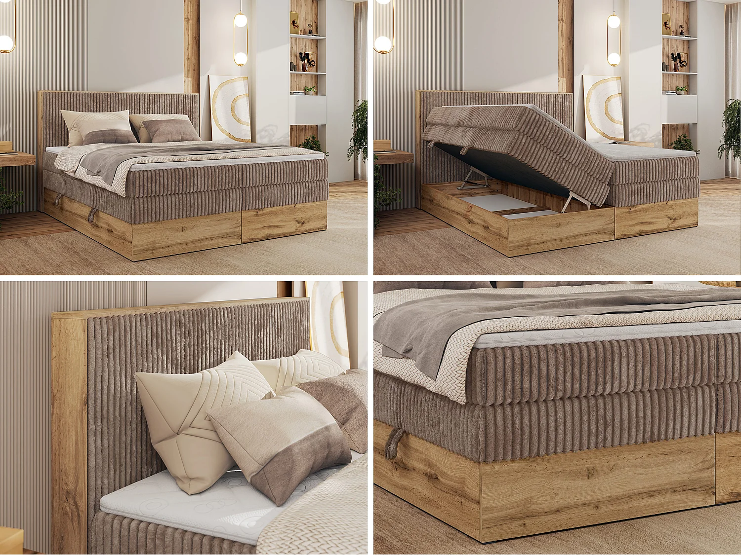 Boxspringbett WOOD CLASSIC KING - Polsterbett mit hohe Kopfteil, zwei Multipocket-Matratze, Bettkästen - 180x200 cm - H4 - Braun Cord