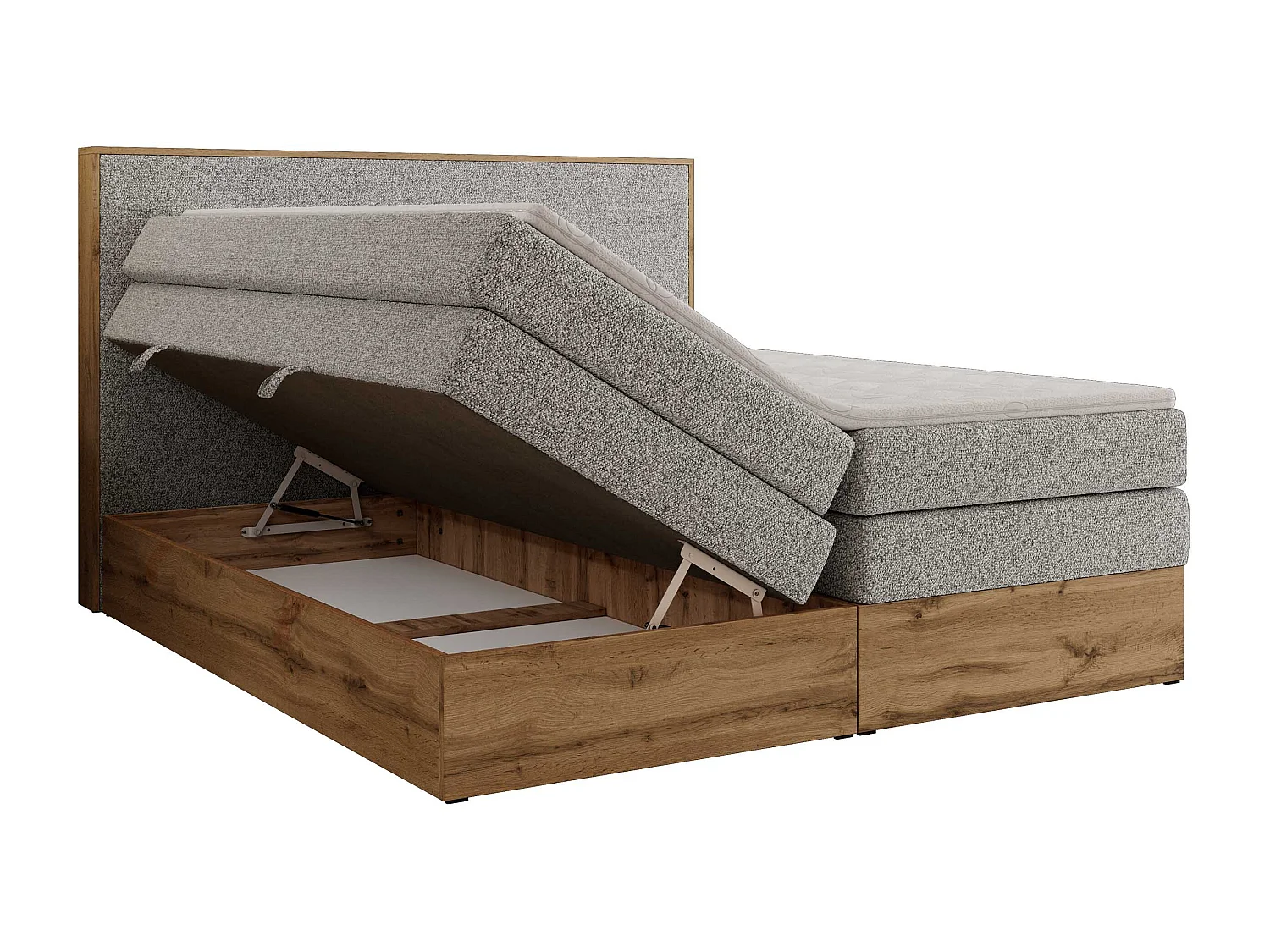 Boxspringbett WOOD CLASSIC KING - Polsterbett mit hohe Kopfteil, zwei Multipocket-Matratze, Bettkästen - 180x200 cm - H3 - Hellgrau Strukture