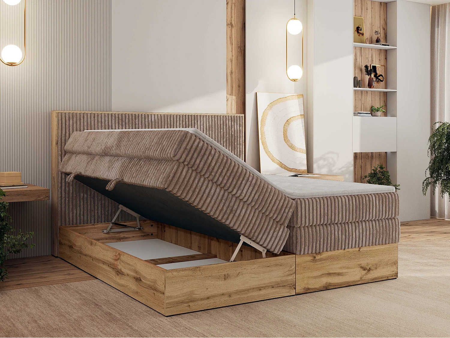 Boxspringbett WOOD CLASSIC KING - Polsterbett mit hohe Kopfteil, zwei Multipocket-Matratze, Bettkästen - 140x200 cm - H4 - Braun Cord
