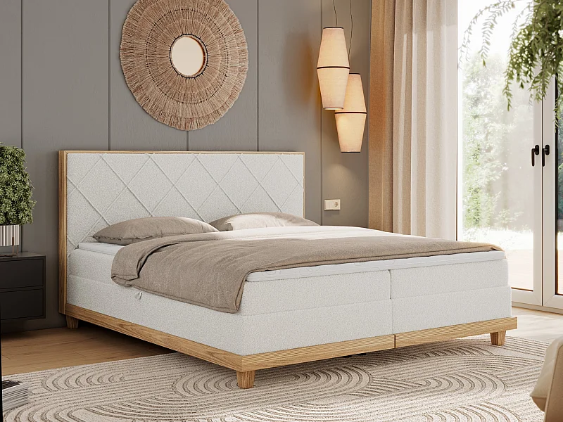 Boxspringbett CAICOS - mit gestepptem Kopfteil, Multipocket-Matratze und Topper, Holzelementen - 160x200 cm - H4 - Weiß Boucle
