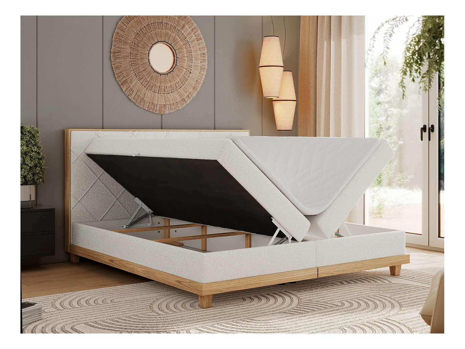 Boxspringbett CAICOS - mit gestepptem Kopfteil, Multipocket-Matratze und Topper, Holzelementen - 160x200 cm - H4 - Weiß Boucle