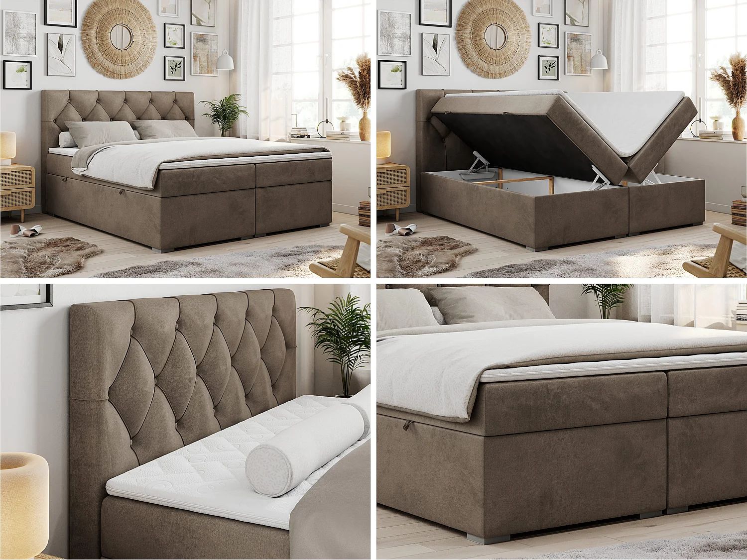 Lit boxspring avec 2 coffres - 2 matelas mi-fermes + surmatelas mousse - Marron Velours - 160x200 - ROMA