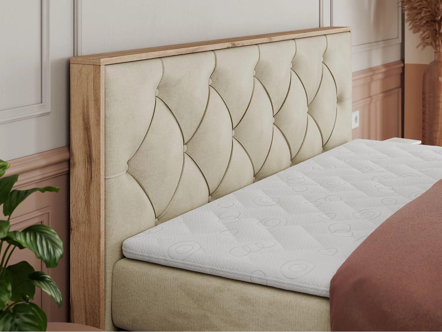 Boxspringbett VENETO KING - Polsterbett mit Multipocket-Matratzen und Kopfteil, Holzrahmen, zwei Bettkästen - 180x200 cm - H4 - Beige Velvet