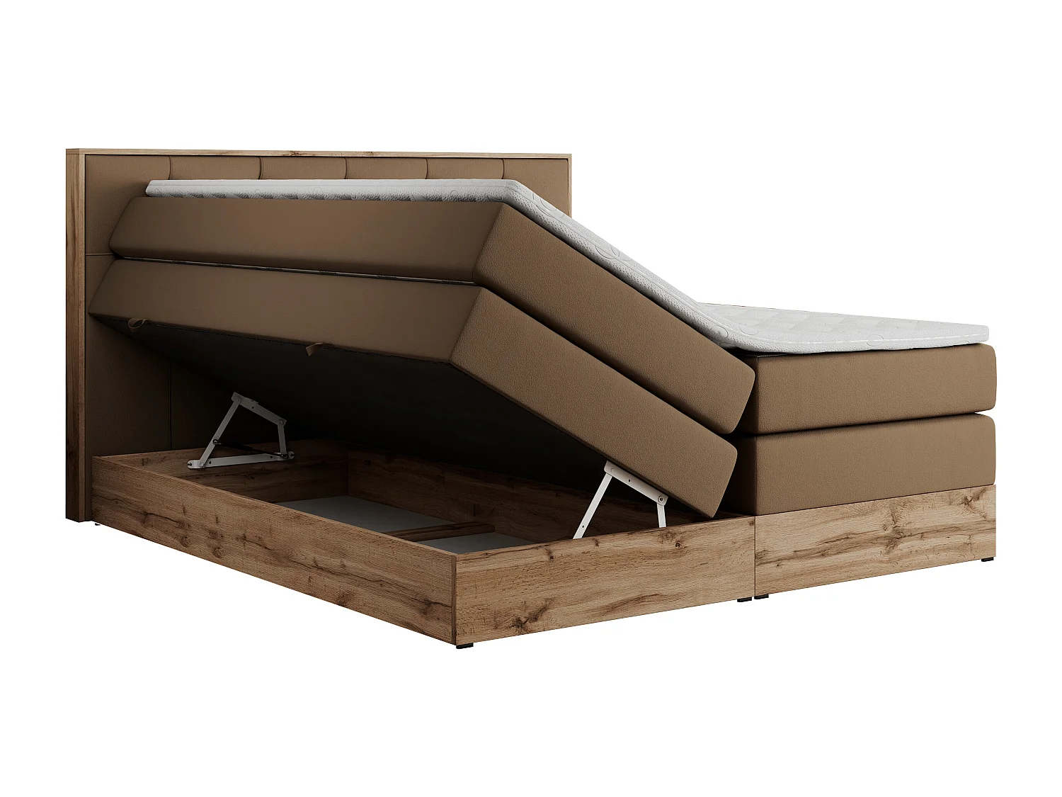 Boxspringbett VENETO KING - Polsterbett mit Multipocket-Matratzen und Kopfteil, Holzrahmen, zwei Bettkästen - 160x200 cm - H4 - Braun Kunstleder