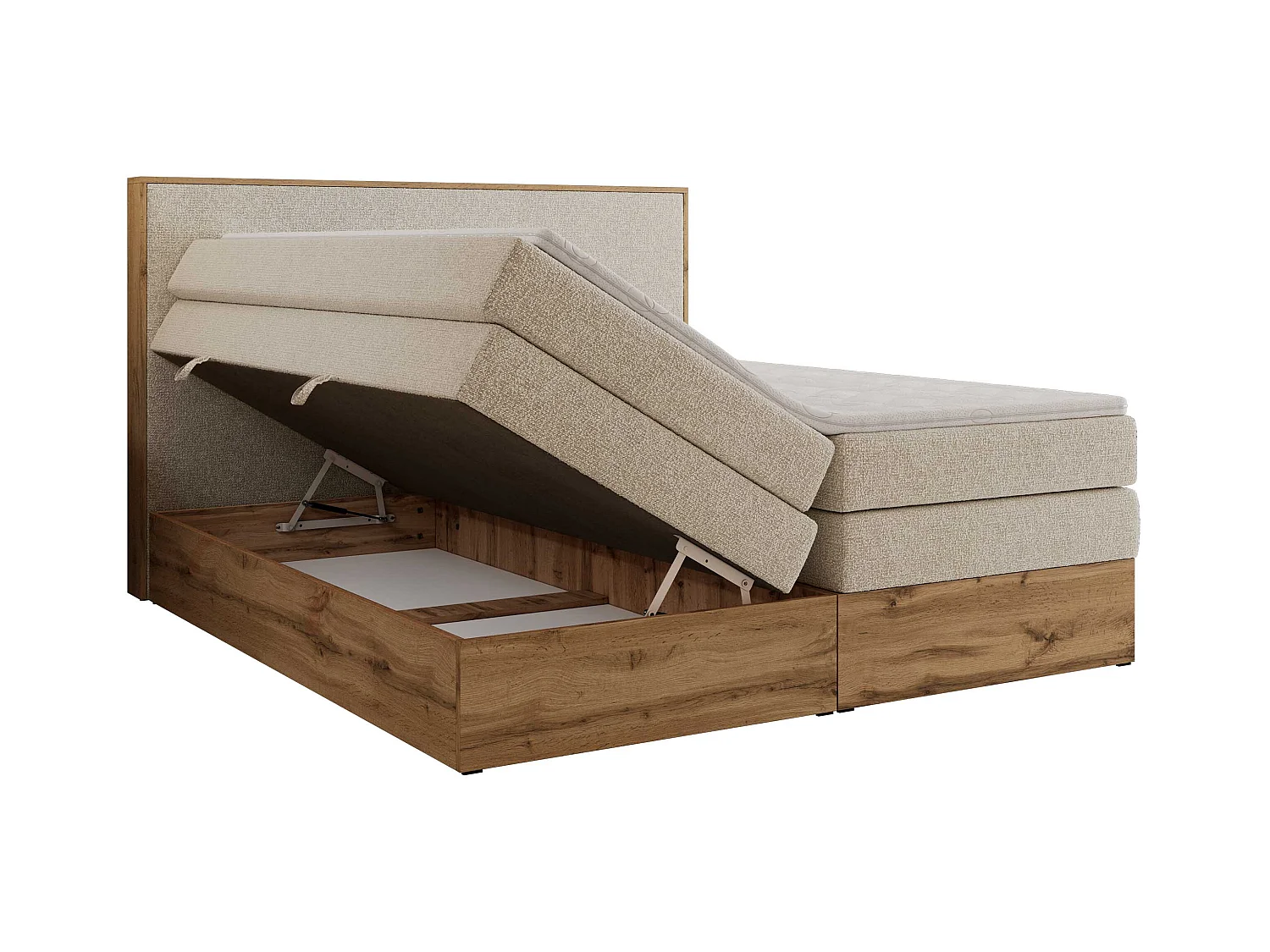 Boxspringbett WOOD CLASSIC KING - Polsterbett mit hohe Kopfteil, zwei Multipocket-Matratze, Bettkästen - 180x200 cm - H3 - Creme Strukture