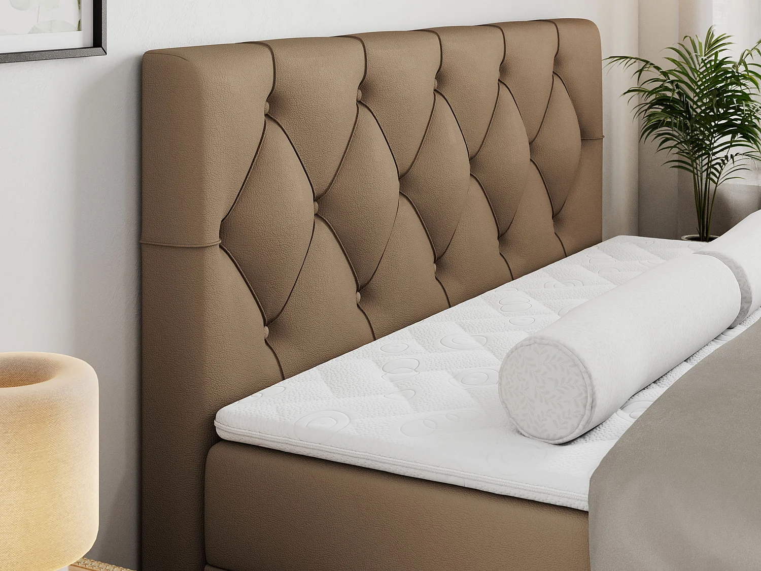 Boxspringbett ALDA - Doppelbett mit gestepptem Kopfteil, Multipocket-Matratze und Topper, zwei Bettkästen - 180x200 cm - H4 - Braun Kunstleder