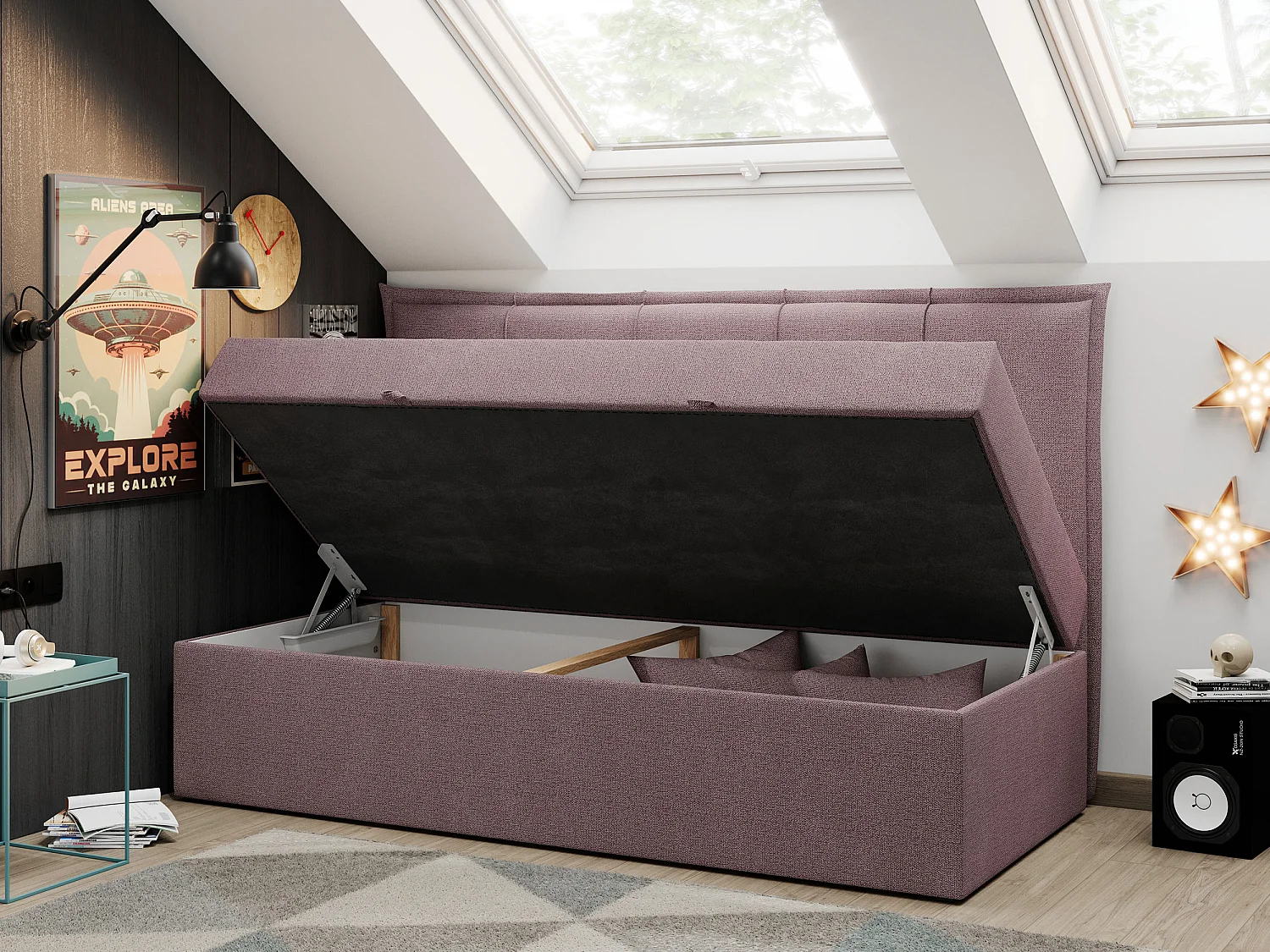 Kinderbett BANCO - Einzelbett für Jugendliche, Set mit Kopfteil und Matratze, Boxspringbett, Bettkasten - 90x200 cm - Rosa Strukture