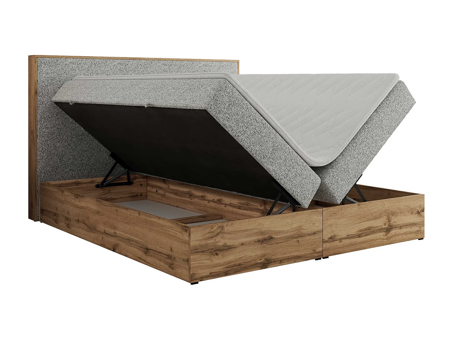 Boxspringbett WOOD CLASSIC - Doppelbett für Schlafzimmer, Set mit Multipocket-Matratze, Holzrahmen - 180x200 cm - H3 - Hellgrau Strukture