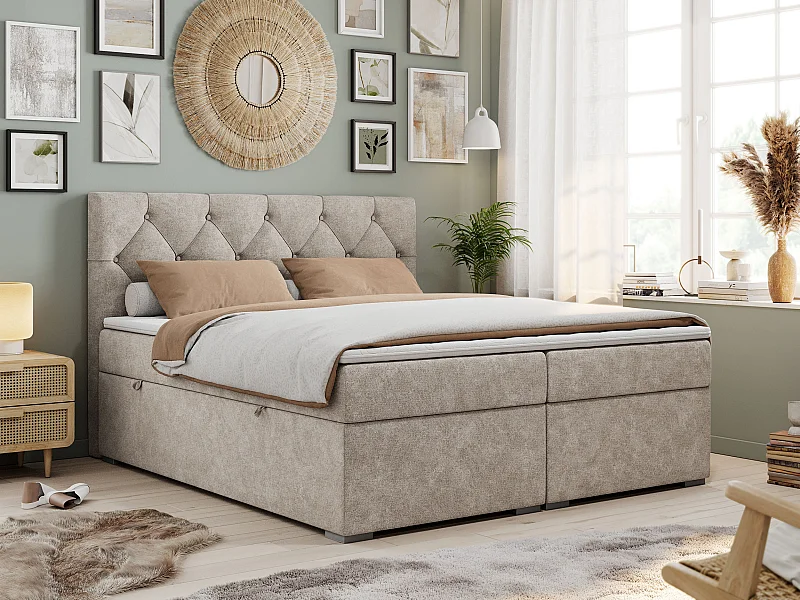 Boxspringbett ALDA - Doppelbett mit gestepptem Kopfteil, Multipocket-Matratze und Topper, zwei Bettkästen - 160x200 cm - H4 - Beige Strukture