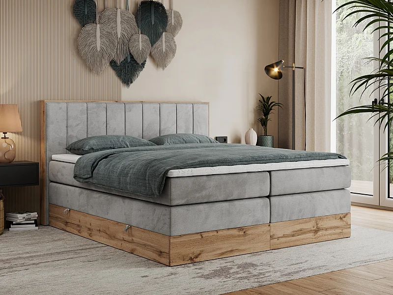 Boxspringbett BELLISSIMO KING - für Schlafzimmer, zwei Multipocket-Matratzen, Set mit Kopfteil und Topper, Holzrahmen - 200x200 cm - H3 - Hellgrau Velvet
