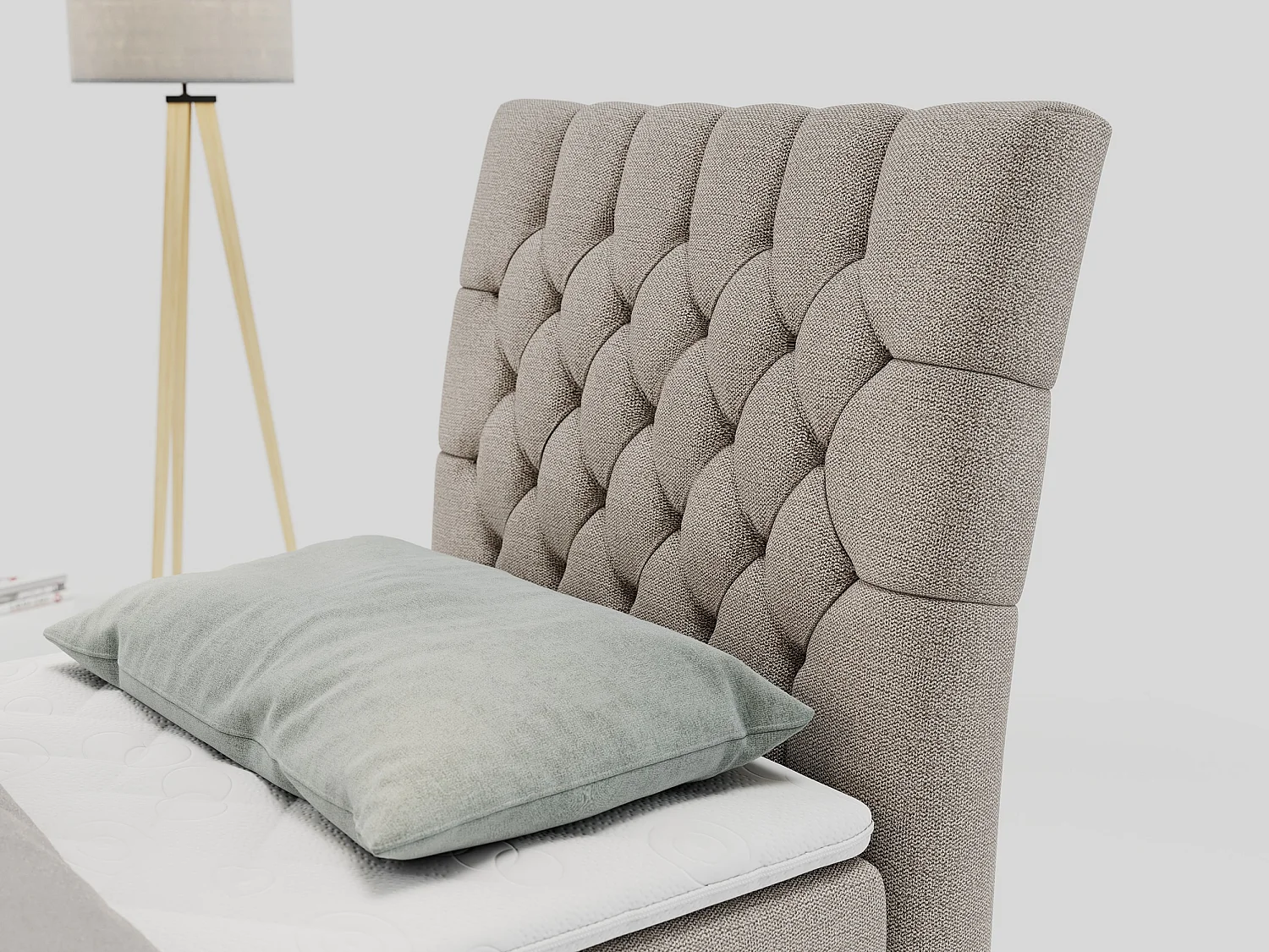 Boxspringbett MILEN - Polsterbett auf Metallbeine, Set mit Multipocket-Matratze, Gesteppte Kopfstütze - 90x200 cm - H3 - Beige Strukture - Rechts Seite