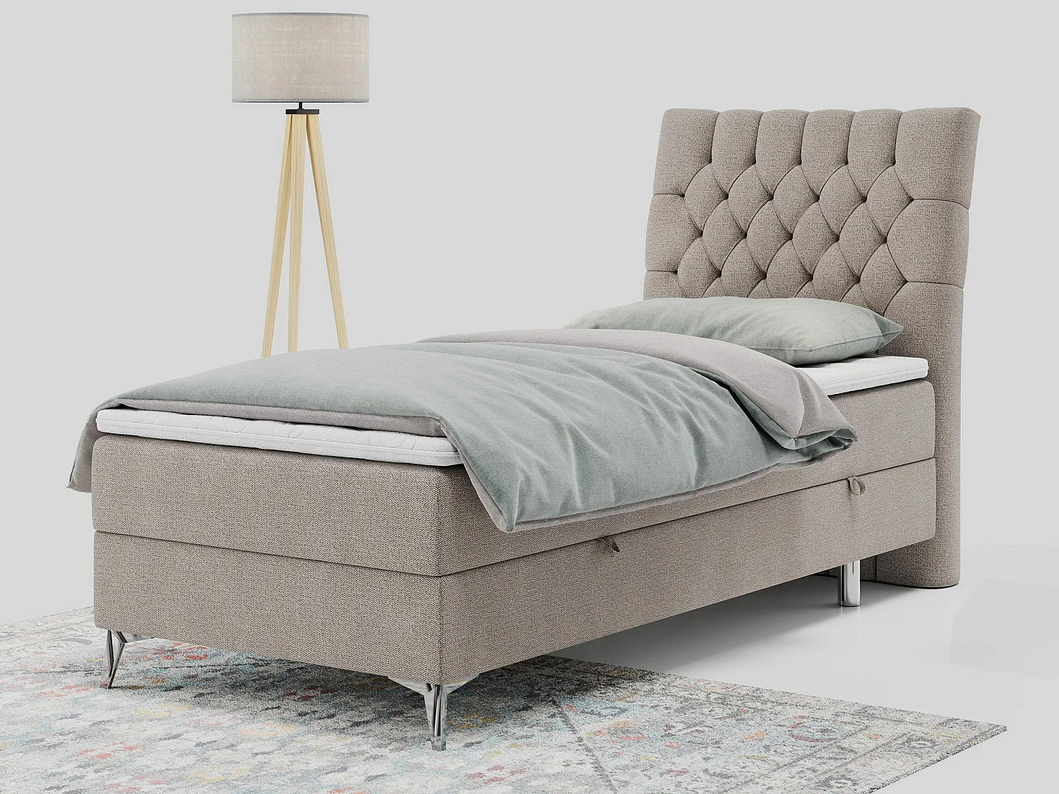 Boxspringbett MILEN - Polsterbett auf Metallbeine, Set mit Multipocket-Matratze, Gesteppte Kopfstütze - 90x200 cm - H3 - Beige Strukture - Rechts Seite