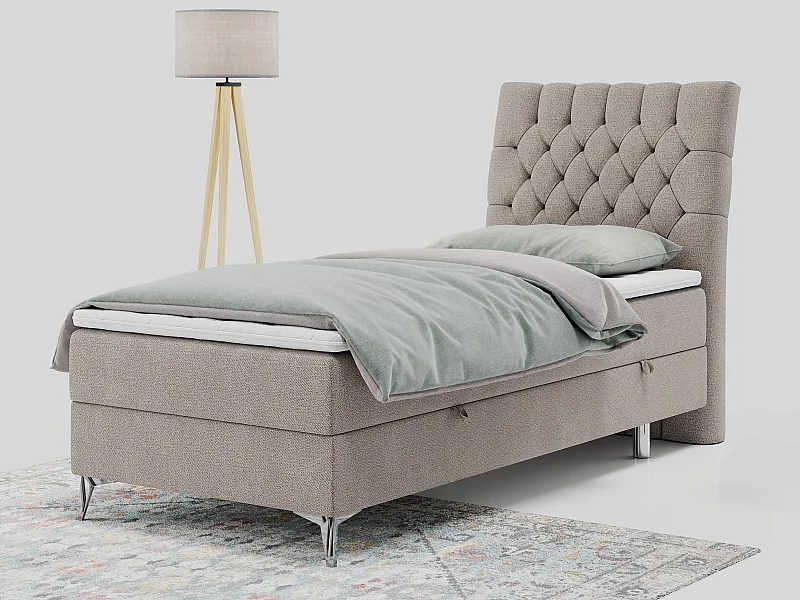 Boxspringbett MILEN - Polsterbett auf Metallbeine, Set mit Multipocket-Matratze, Gesteppte Kopfstütze - 90x200 cm - H3 - Beige Strukture - Rechts Seite