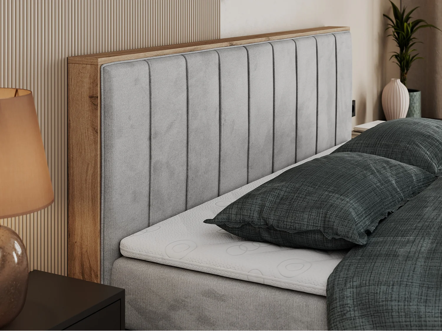 Boxspringbett BELLISSIMO KING - für Schlafzimmer, zwei Multipocket-Matratzen, Set mit Kopfteil und Topper, Holzrahmen - 180x200 cm - H4 - Hellgrau Velvet