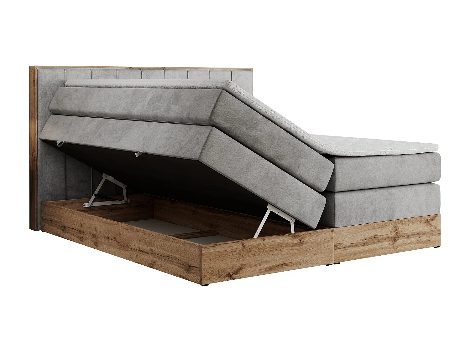 Boxspringbett BELLISSIMO KING - für Schlafzimmer, zwei Multipocket-Matratzen, Set mit Kopfteil und Topper, Holzrahmen - 180x200 cm - H4 - Hellgrau Velvet