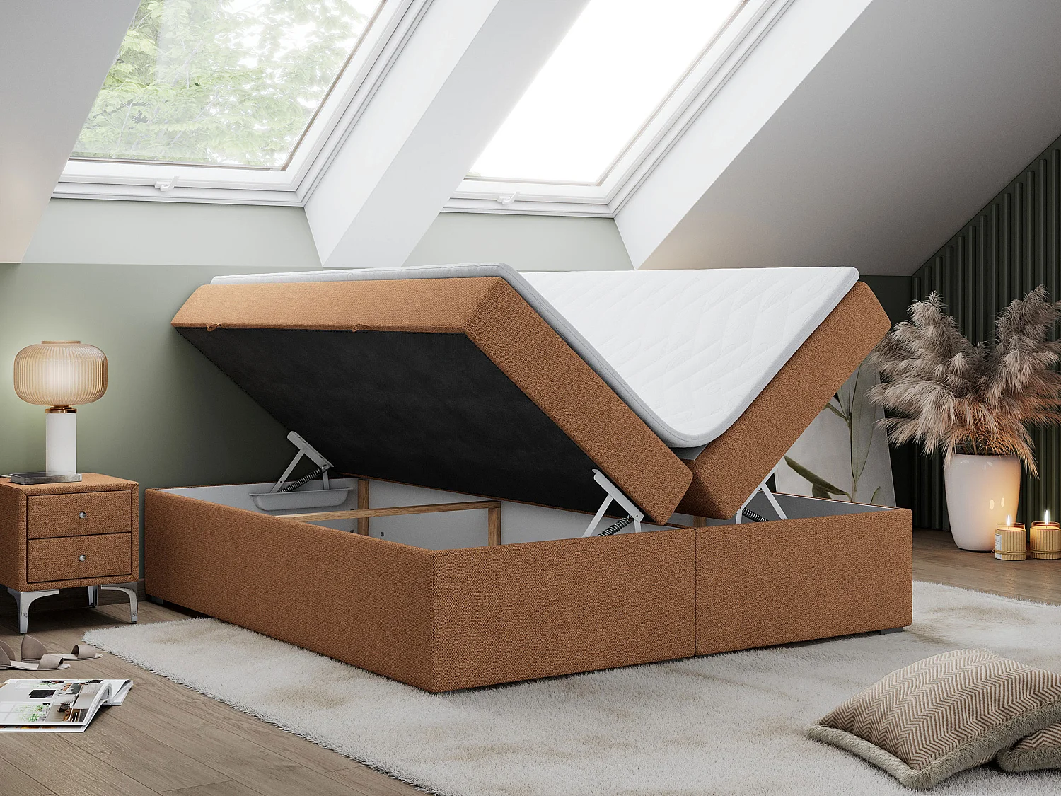 Boxspringbett BESS - Doppelbett mit Stauraum, Polsterbett, Multipocket-Matratzen und Topper - 200x200 cm - H4 - Orange Strukture