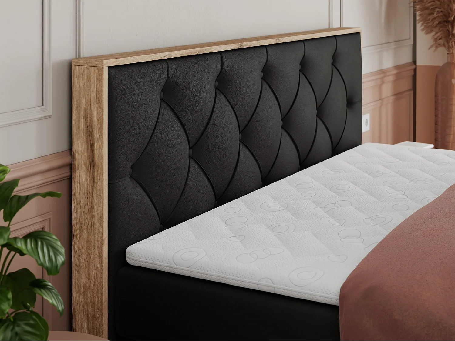 Boxspringbett VENETO KING - Polsterbett mit Multipocket-Matratzen und Kopfteil, Holzrahmen, zwei Bettkästen - 200x200 cm - H4 - Schwarz Kunstleder