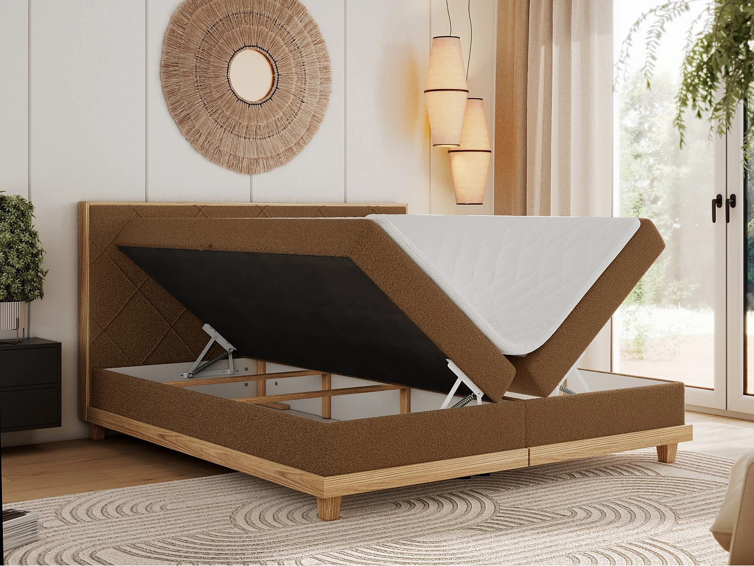 Boxspringbett CAICOS - mit gestepptem Kopfteil, Multipocket-Matratze und Topper, Holzelementen - 160x200 cm - H3 - Braun Boucle
