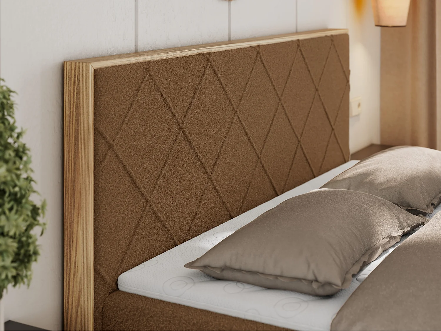 Boxspringbett CAICOS - mit gestepptem Kopfteil, Multipocket-Matratze und Topper, Holzelementen - 160x200 cm - H3 - Braun Boucle