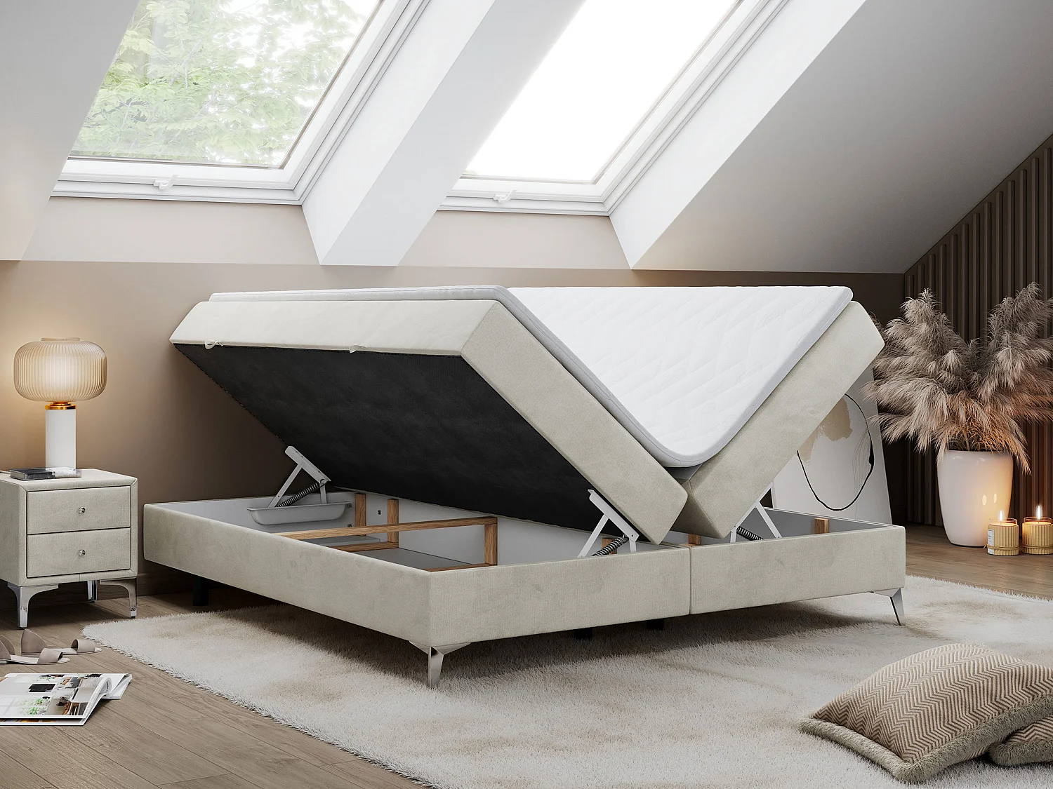 Boxspringbett LESS - Doppelbett mit zwei Bettkästen, 7 Härtezonen Multipocket-Matratzen, hohe Metallbeine - 200x200 cm - H4 - Beige Velvet