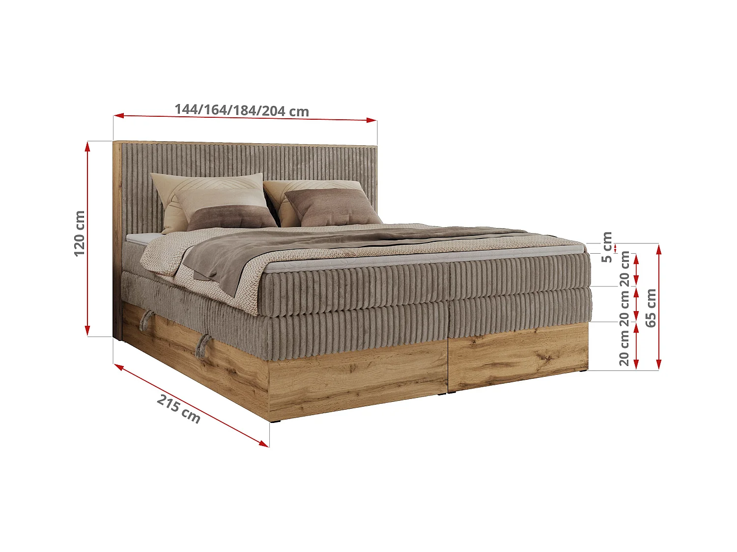 Boxspringbett WOOD CLASSIC KING - Polsterbett mit hohe Kopfteil, zwei Multipocket-Matratze, Bettkästen - 180x200 cm - H3 - Hellbraun Cord