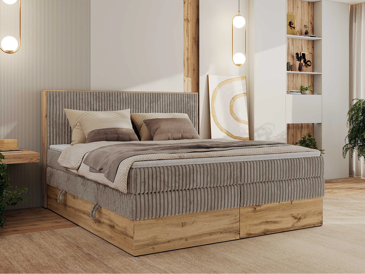 Boxspringbett WOOD CLASSIC KING - Polsterbett mit hohe Kopfteil, zwei Multipocket-Matratze, Bettkästen - 180x200 cm - H3 - Hellbraun Cord