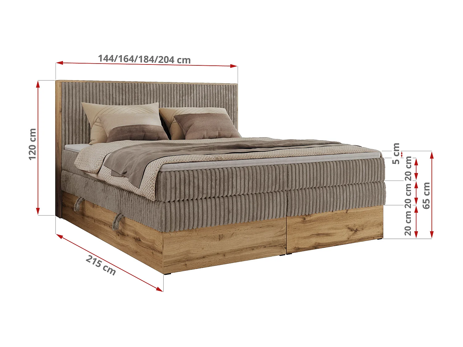 Boxspringbett WOOD CLASSIC KING - Polsterbett mit hohe Kopfteil, zwei Multipocket-Matratze, Bettkästen - 180x200 cm - H3 - Hellbraun Cord