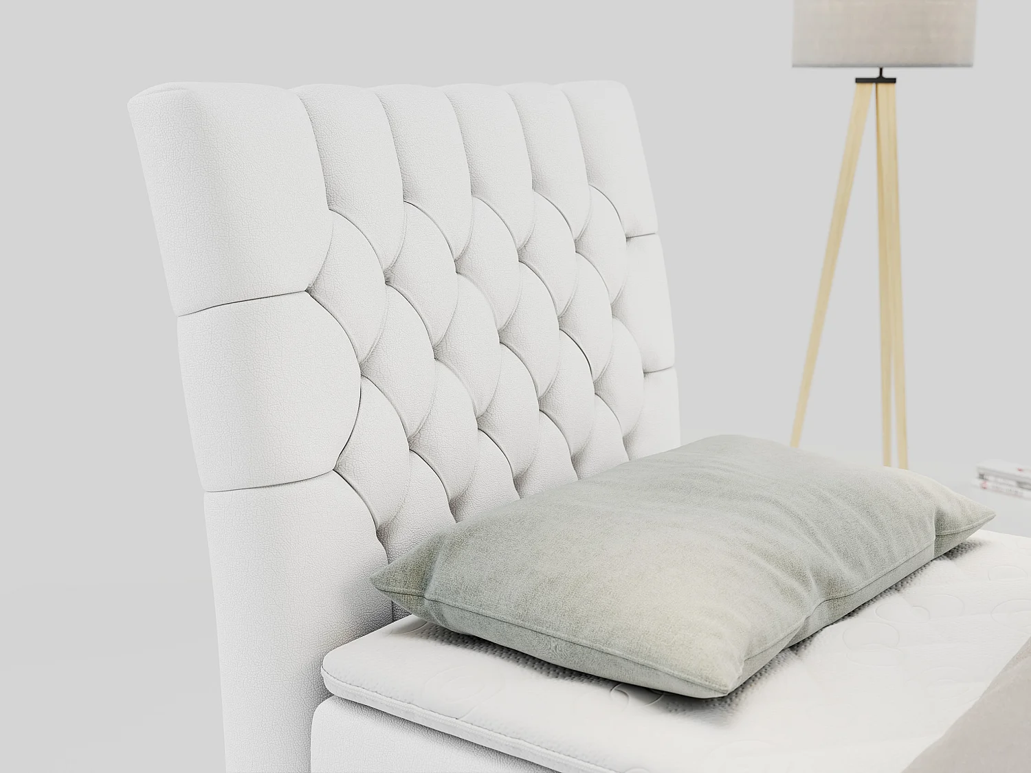 Boxspringbett MILEN - Polsterbett auf Metallbeine, Set mit Multipocket-Matratze, Gesteppte Kopfstütze - 90x200 cm - H3 - Weiß Kunstleder - Links Seite