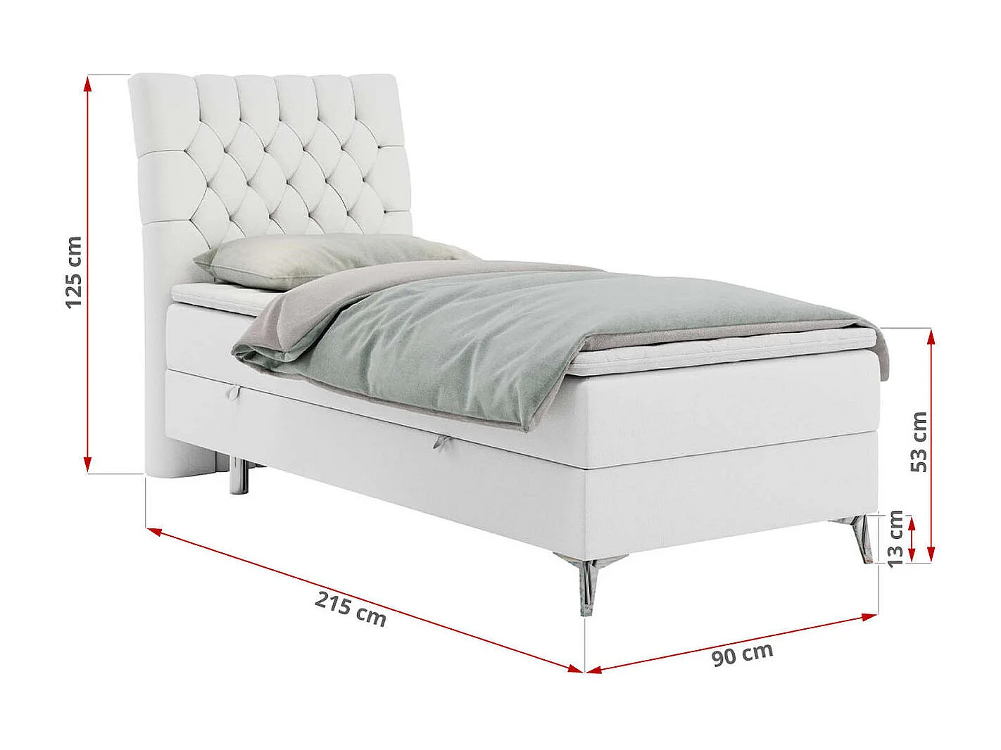 Boxspringbett MILEN - Polsterbett auf Metallbeine, Set mit Multipocket-Matratze, Gesteppte Kopfstütze - 90x200 cm - H3 - Weiß Kunstleder - Links Seite