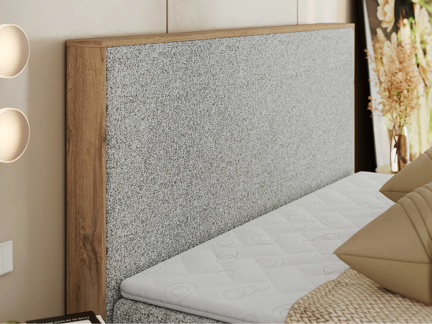 Boxspringbett WOOD CLASSIC - Doppelbett für Schlafzimmer, Set mit Multipocket-Matratze, Holzrahmen - 140x200 cm - H4 - Hellgrau Strukture
