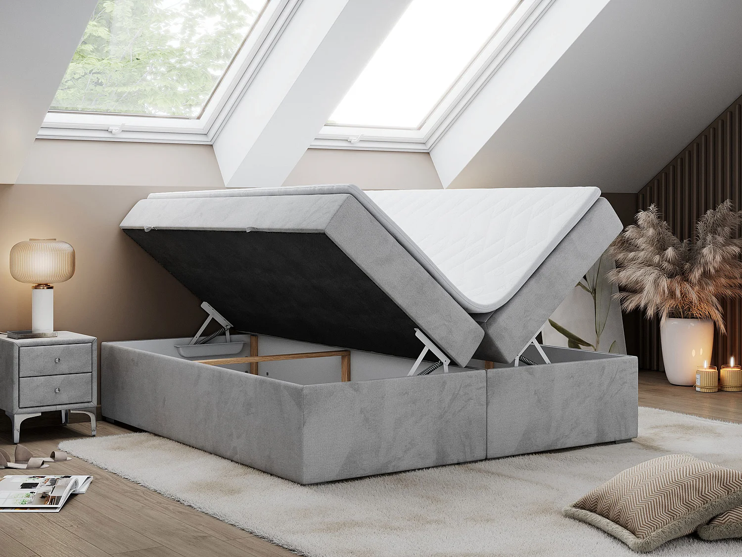 Boxspringbett BESS - Doppelbett mit Stauraum, Polsterbett, Multipocket-Matratzen und Topper - 180x200 cm - H3 - Hellgrau Velvet