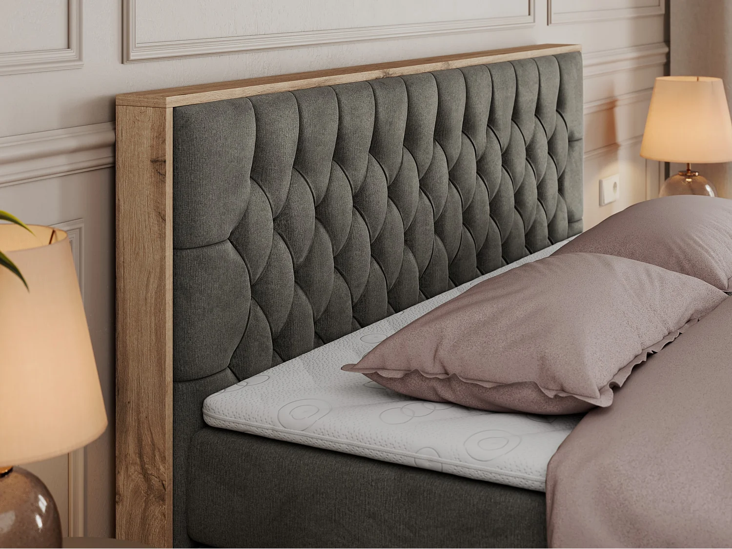 Boxspringbett AMORE KING - gesteppte Kopfstütze, Polsterbett mit zwei Multipocket-Matratzen, Holzrahmen - 140x200 cm - H4 - Dunkelgrau Velvet