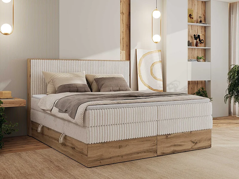 Boxspringbett WOOD CLASSIC KING - Polsterbett mit hohe Kopfteil, zwei Multipocket-Matratze, Bettkästen - 160x200 cm - H4 - Beige Cord