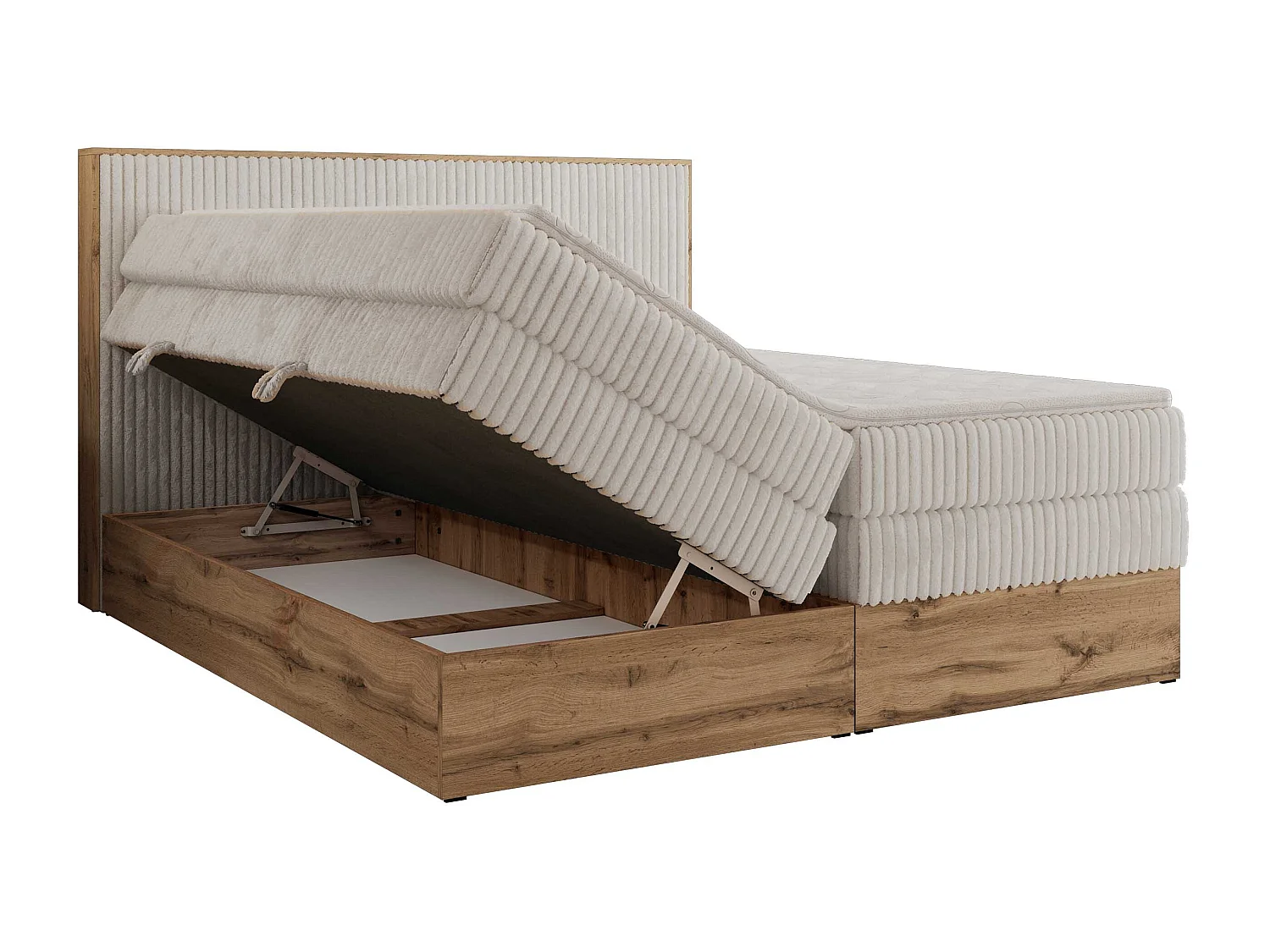 Boxspringbett WOOD CLASSIC KING - Polsterbett mit hohe Kopfteil, zwei Multipocket-Matratze, Bettkästen - 160x200 cm - H4 - Beige Cord