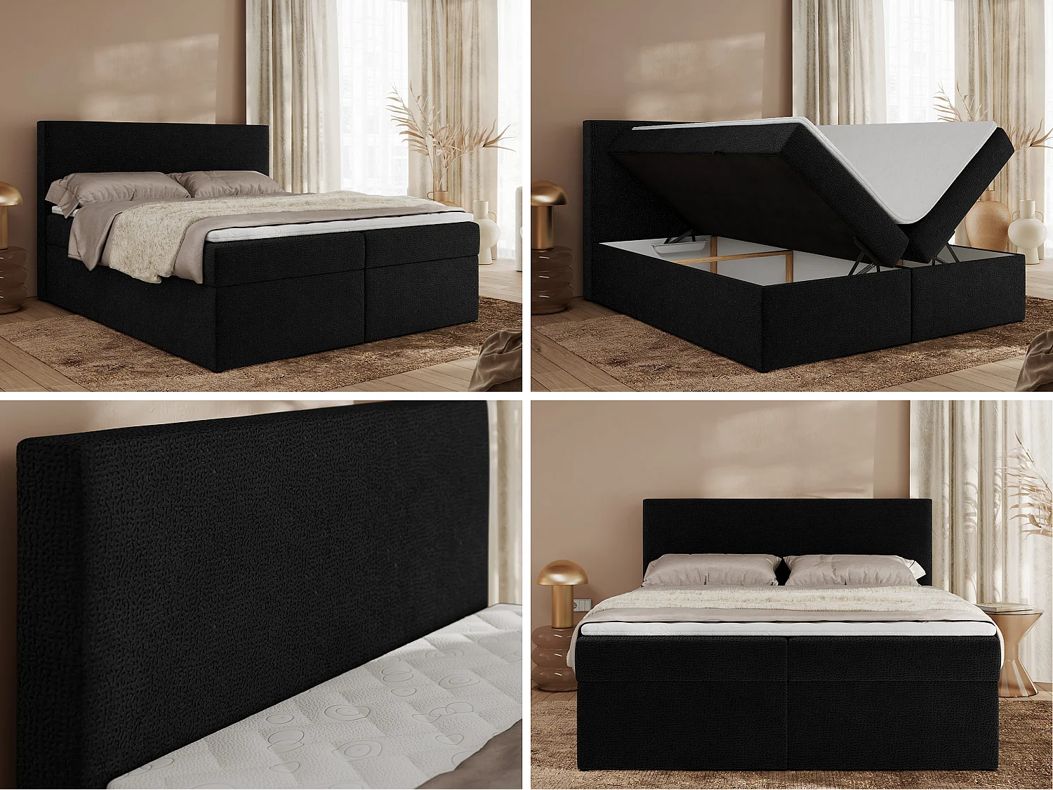 Boxspringbett JAGUAR - Doppelbett mit Multipocket-Matratze und Topper, Struktur dekostoff, zwei Bettkästen - 200x200 cm - H3 - Schwarz Struktur