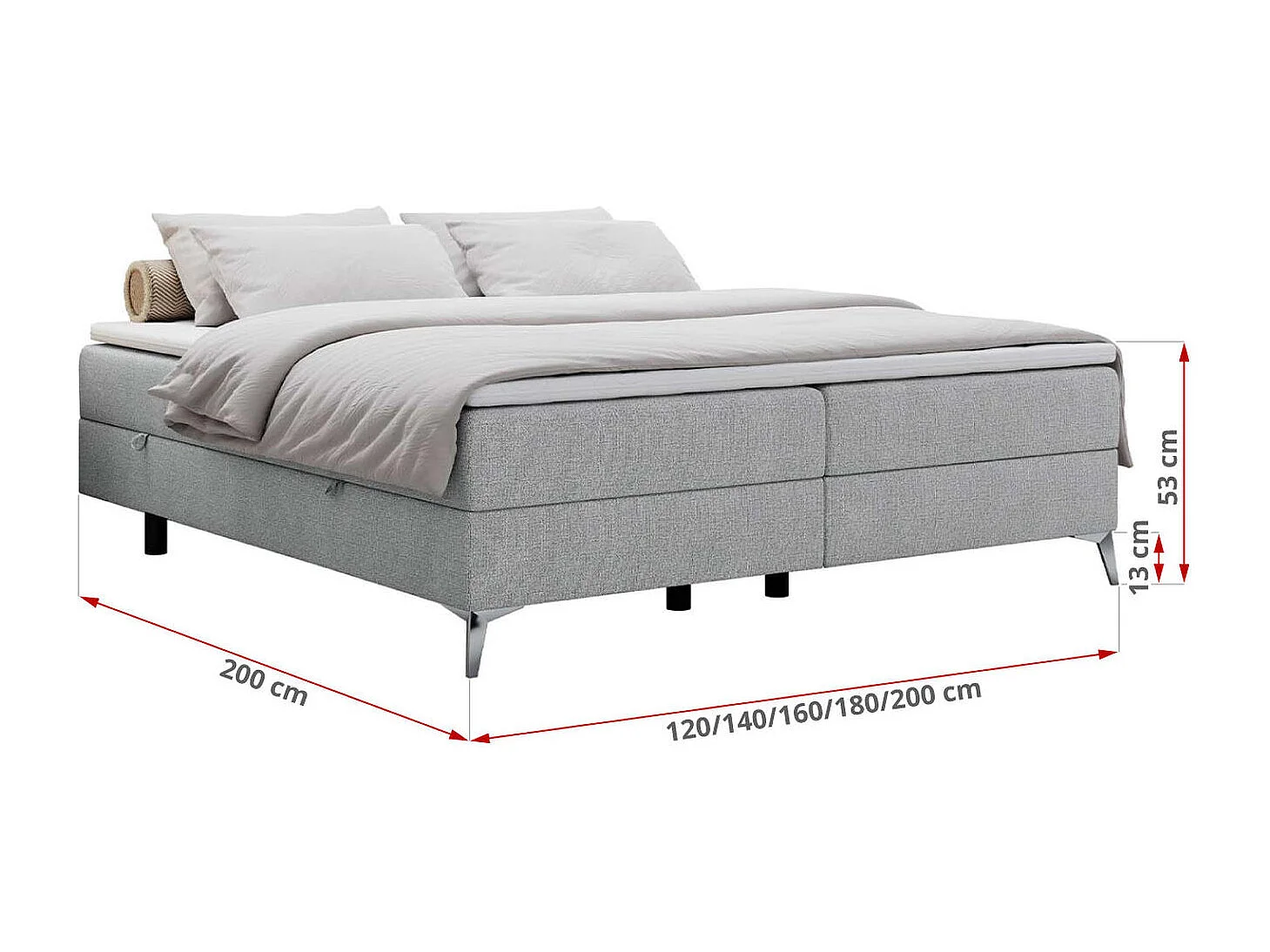 Boxspringbett LESS - Doppelbett mit zwei Bettkästen, 7 Härtezonen Multipocket-Matratzen, hohe Metallbeine - 120x200 cm - H4 - Hellgrau Strukture