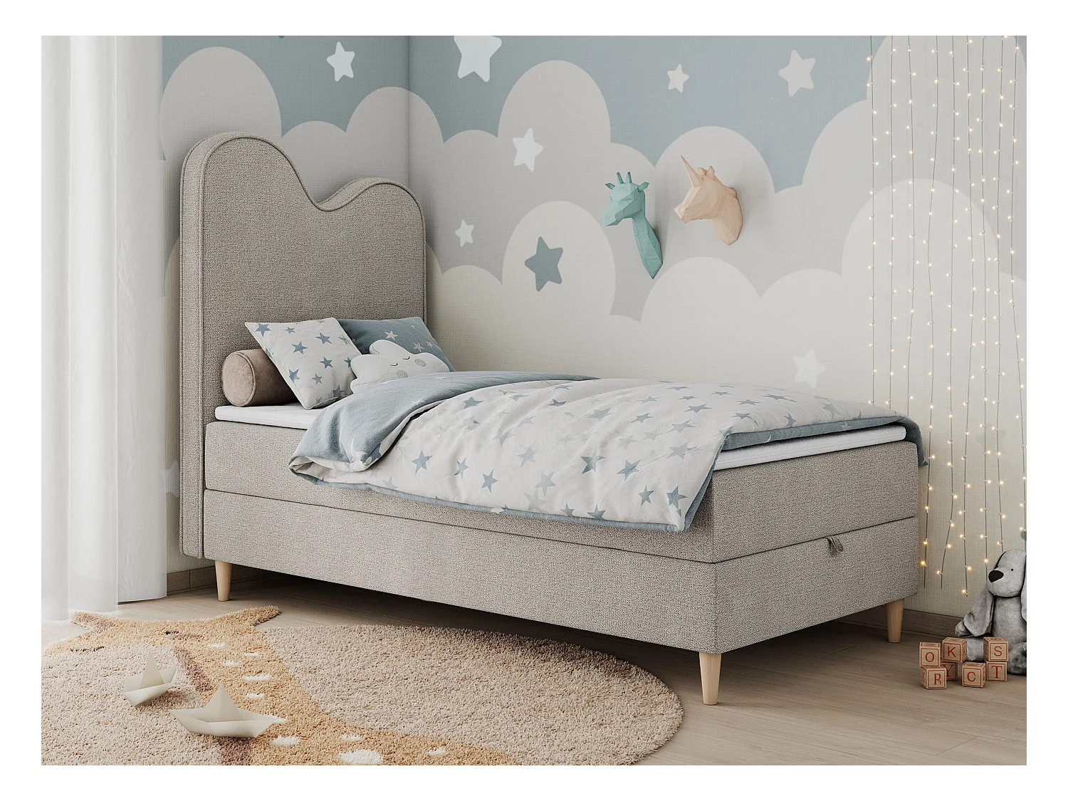 Kinderbett FLOW - Boxspringbett mit Stauraum, Einzelbett für Jugendliche, Bettkasten und hohe Kopfteil - 90x180 cm - Beige Strukture